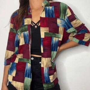 BonWorth Open Front Multicolor Patterned Top with Mandarin Collar